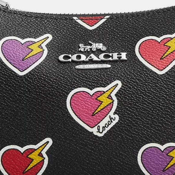 Coach Teri Shoulder Black Bag With Heart Bolt Print - Picture 8 of 11